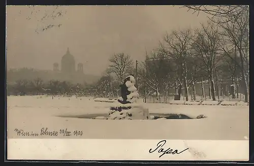 AK Wien, Ortspartie mit Brunnen im Schnee