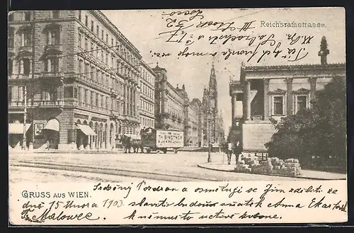 AK Wien, Reichsratstrasse mit Pferdewagen Th. Bindtner