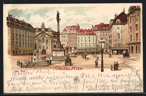 Lithographie Wien, Am Hof mit Denkmälern