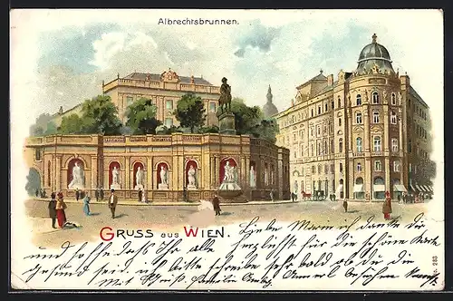Lithographie Wien, Albrechtsplatz mit Albrechtsbrunnen