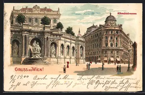Lithographie Wien, Albrechtsbrunnen auf dem Albrechtsplatz