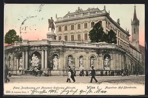 AK Wien, Albrechtsplatz mit Augustiner Hof-Pfarrkirche, Franz Josefbrunnen und Monument Erzherzog Albrecht
