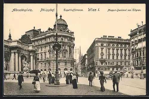 AK Wien, Albrechtsplatz, Blick auf Philippshof, Tegelthoffstrasse und Mozart-Denkmal von Tilgner