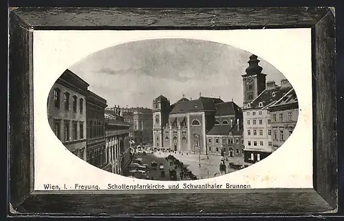 Präge-AK Wien, Freyung mit Schottenpfarrkirche und Schwanthaler Brunnen, Passepartout