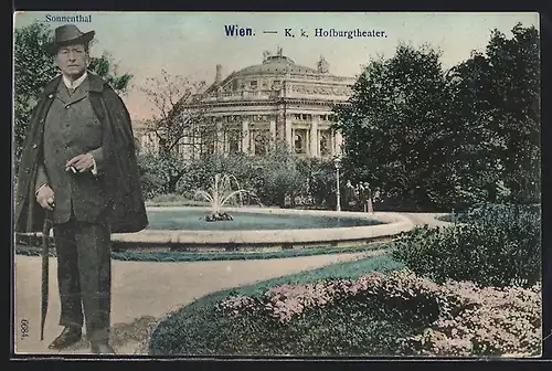 AK Wien, K. k. Hofburgtheater mit Brunnen