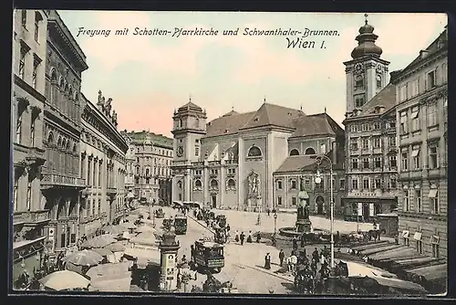 AK Wien, Wiener Prater mit Kutschen, Litfasssäule, Pferdebahn