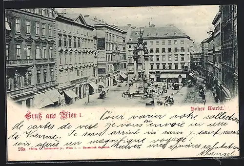 AK Wien, Hoher Markt mit Geschäften und Brunnen