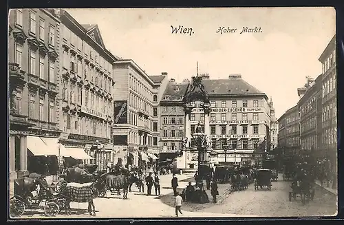 AK Wien, Hoher Markt mit Geschäften und Denkmal