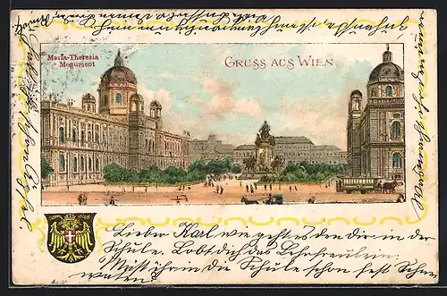 Lithographie Wien, Maria Theresien Platz mit Monument, Wappen