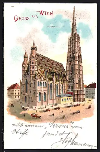 Lithographie Wien, Stephansdom mit Passanten