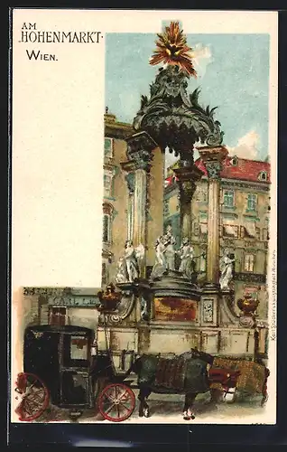 Lithographie Wien, Hoher Markt - Brunnen und Pferdedroschke