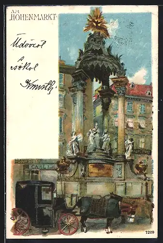 AK Wien, Hoher Markt mit Denkmal und Pferdekutsche