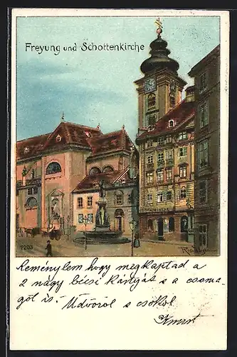 Lithographie Wien-Freyung, Freyung mit Schottenkirche, Apotheke und Brunnen