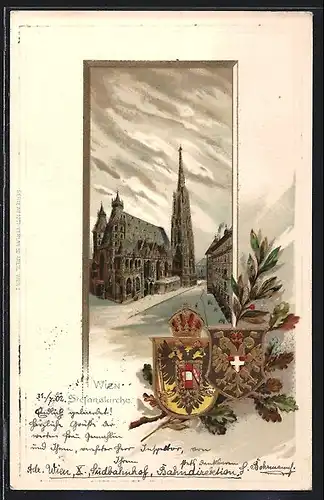 Passepartout-Lithographie Wien, Ansicht der Stefanskirche, Stadt-Wappen
