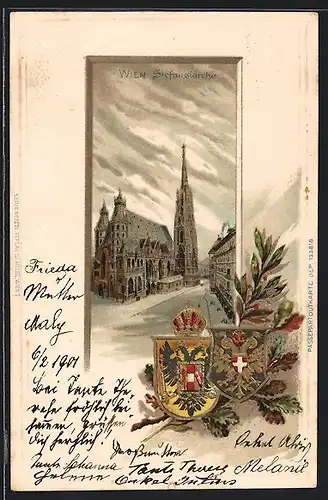 Passepartout-Lithographie Wien, Ansicht der Stefanskirche, Stadt-Wappen