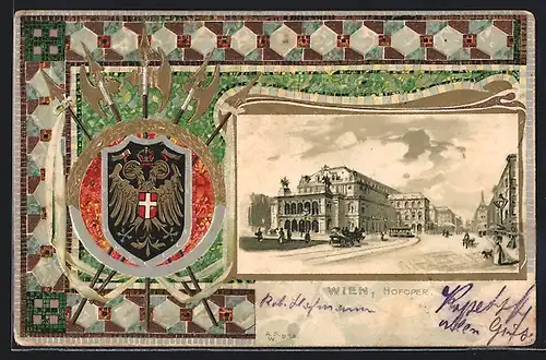 Präge-Lithographie Wien, Hofoper mit Passanten und Strassenbahn, Passepartout mit Wappen