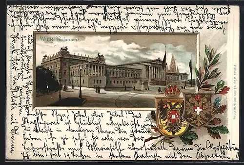 Lithographie Wien, Parlament, Wappen und Eichenlaub