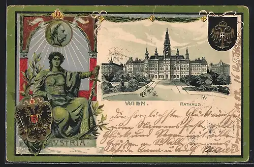 Präge-Lithographie Wien, Rathaus, anthropomorphe Darstellung Österreichs, Wappen, Kaiserportrait