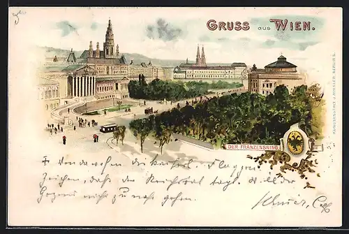Künstler-Lithographie Wien, Franzensring mit Gebäude-Panorama, Wappen