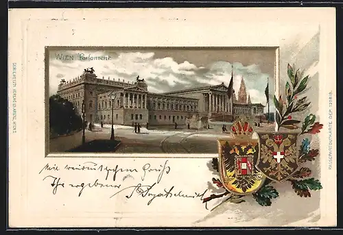 Lithographie Wien, Parlament, Wappen und Eichenlaub