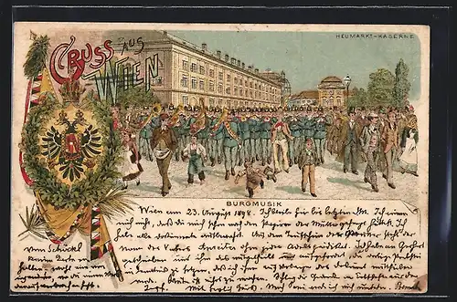 Lithographie Wien, Heumarkt-Kaserne, Burgmusik, Wappen