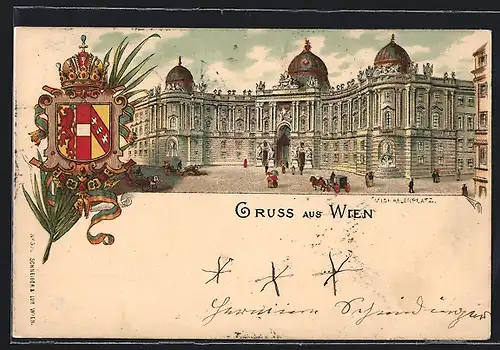 Lithographie Wien, K. K. Hofburg mit Kutsche und Passanten