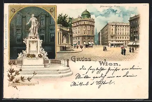 Lithographie Wien, Mozart-Denkmal, Albrechts-Platz