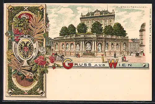 Lithographie Wien, Albrechtsplatz mit Albrechtsbrunnen, Wappen