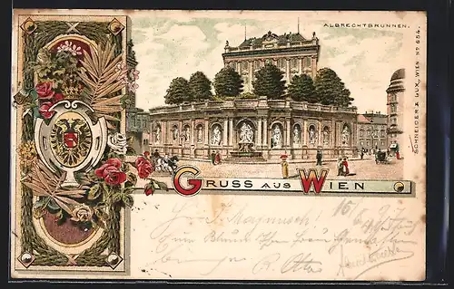 Lithographie Wien, Albrechtsplatz mit Brunnen, Arrangement mit Wappen