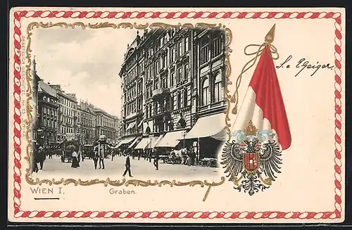 Präge-AK Wien, Reger Verkehr am Graben, im Passepartout mit Wappen und Flagge