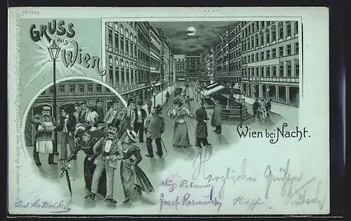 Lithographie Wien, Szene mit Passanten am Graben