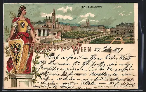 Lithographie Wien, Franzensring, anthropomorphe Darstellung Österreichs mit Schwert und Schild