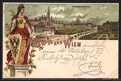Lithographie Wien, Franzensring, Personifizierung Österreichs mit Schwert und Schild
