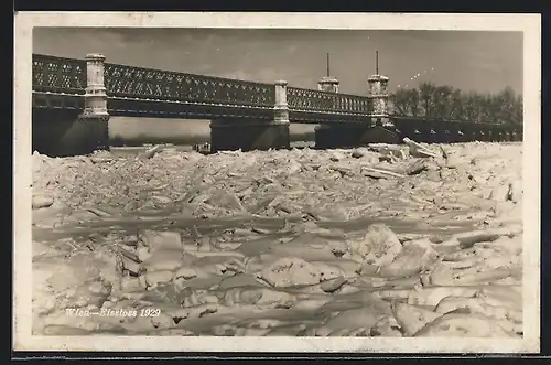 AK Wien, Eisstoss 1929, zugefrorener Fluss und Reichsbrücke