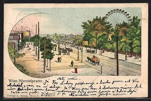 Lithographie Wien, Partie am Wurstelprater mit Riesenrad