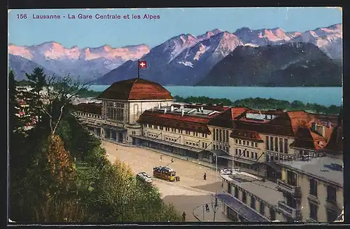 AK Lausanne, La Gare Centrale et les Alpes, Strassenbahn