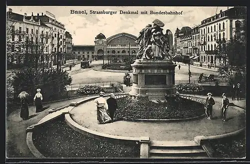 AK Basel, Strassburger-Denkmal mit Bundesbahnhof