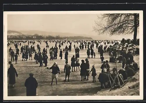 Foto-AK Zürich, Menschenmengen bei der Seegfrörne 1929
