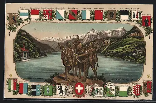 AK Schweiz, Rütlischwur mit Schweizer Wappen