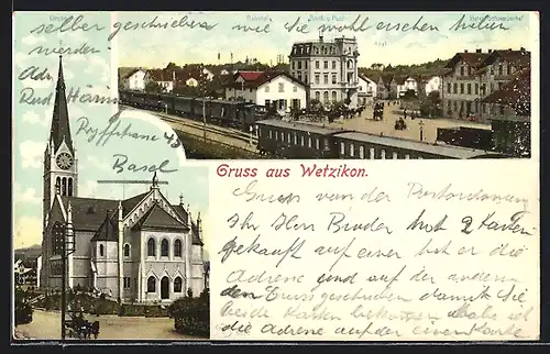 AK Wetzikon, Kirche, Bahnhof, Bank und Post, Hotel Schweizerhof