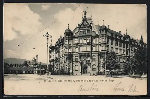 AK Zürich, Rentenanstalt, Bahnhof Enge und Kirche Enge