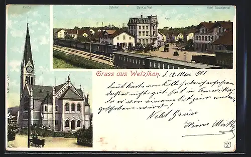 AK Wetzikon, Kirche, Bahnhof, Bank und Post