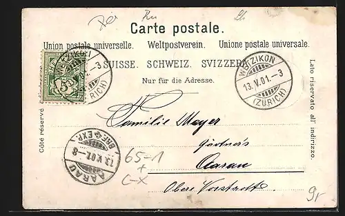 AK Wetzikon, Kirche, Bahnhof, Bank und Post