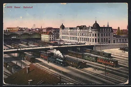 AK Basel, Stadtansicht mit Bahnhof