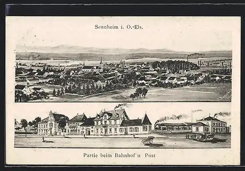 AK Sennheim, Teilansicht mit Bahnhof und Post, Ortspanorama