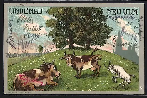 Künstler-AK Neu-Ulm, Hügel mit Kühen und Ziegenbock
