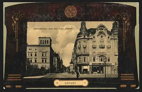 AK Erfurt, Bahnhofstrasse nach dem Anger gesehen, im Holzimitats-Passepartout