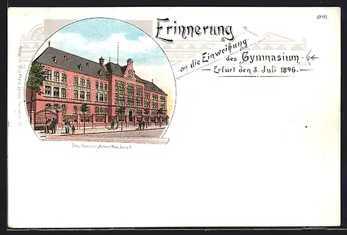 Lithographie Erfurt, Partie am Gymnasium, Karte zur Einweihung am 03.07.1896