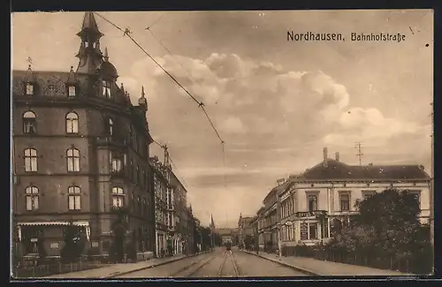 AK Nordhausen, Bahnhofstrasse mit Strassenbahn