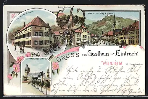 Lithographie Weinheim a. d. Bergstrasse, Marktplatz vor Burg Windeck, Kriegerdenkmal, Gasthaus zur Eintracht